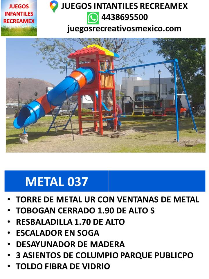 modulo de metal con tobogan, desayunador, columpios , resbaladilla, escalera en soga